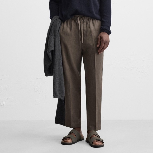 ZARA 100% Linen Pants Mens Brown Taupe Size Large Relaxed Fit NWT - Picture 1 of 9